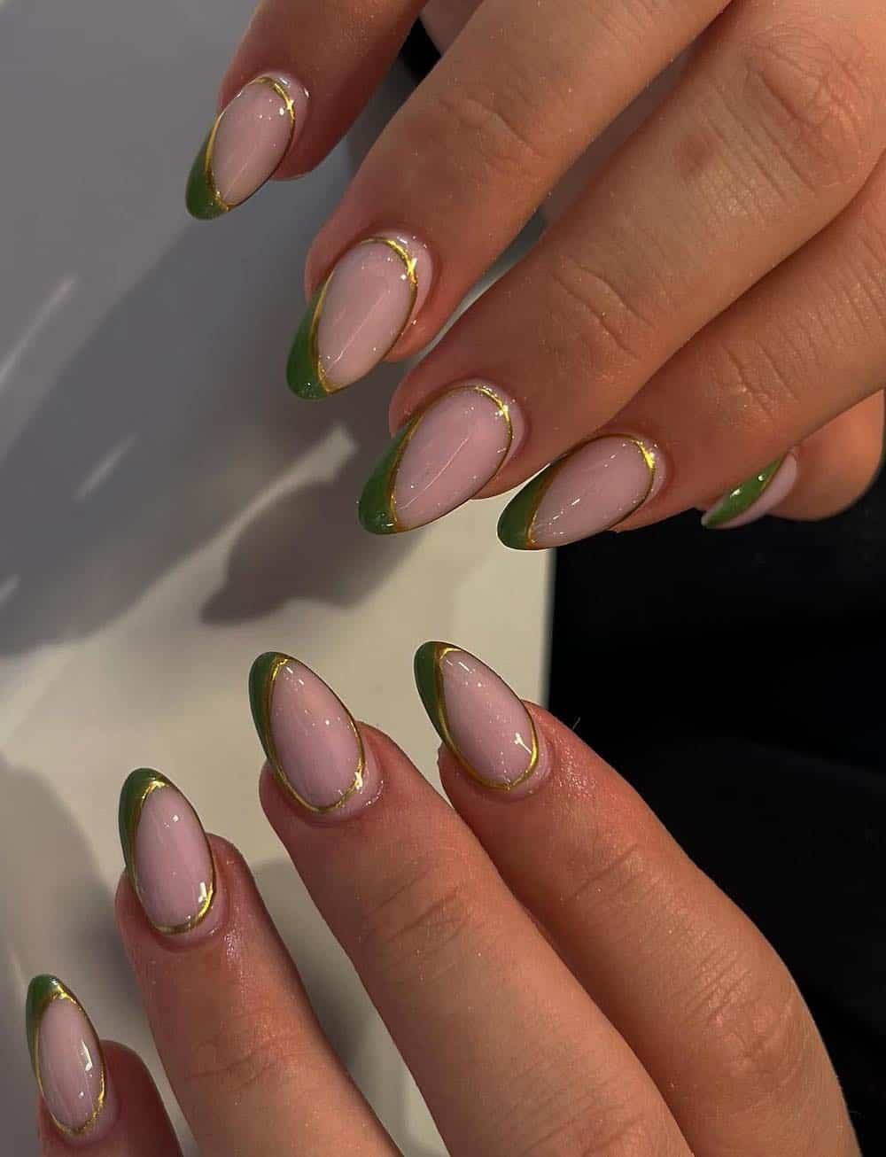 Nude Pink Olive Green French Tip Medium Almond Nails Nude Pink Olive Green French Tip Medium Almond Nails — Trendy Olive Green Nails