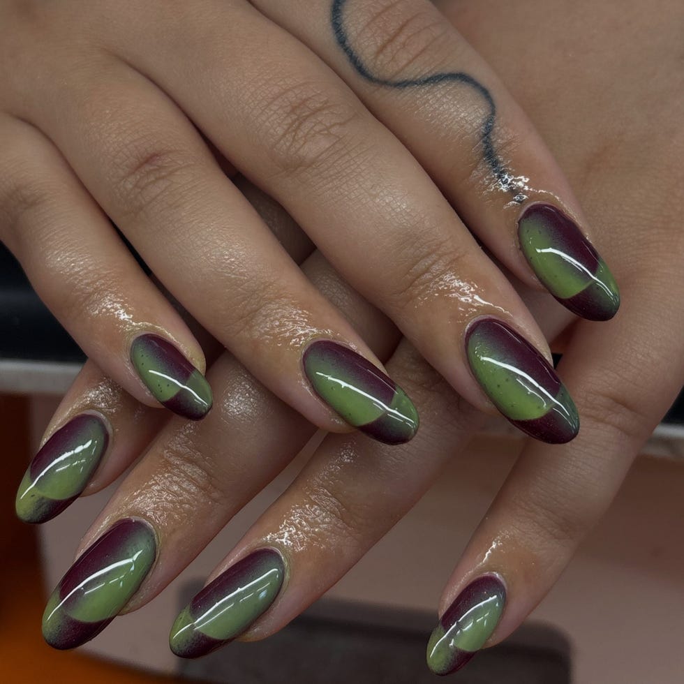 Plum Olive Green Color Block Medium Almond Nails Plum Olive Green Color Block Medium Almond Nails — Trendy Olive Green Nails
