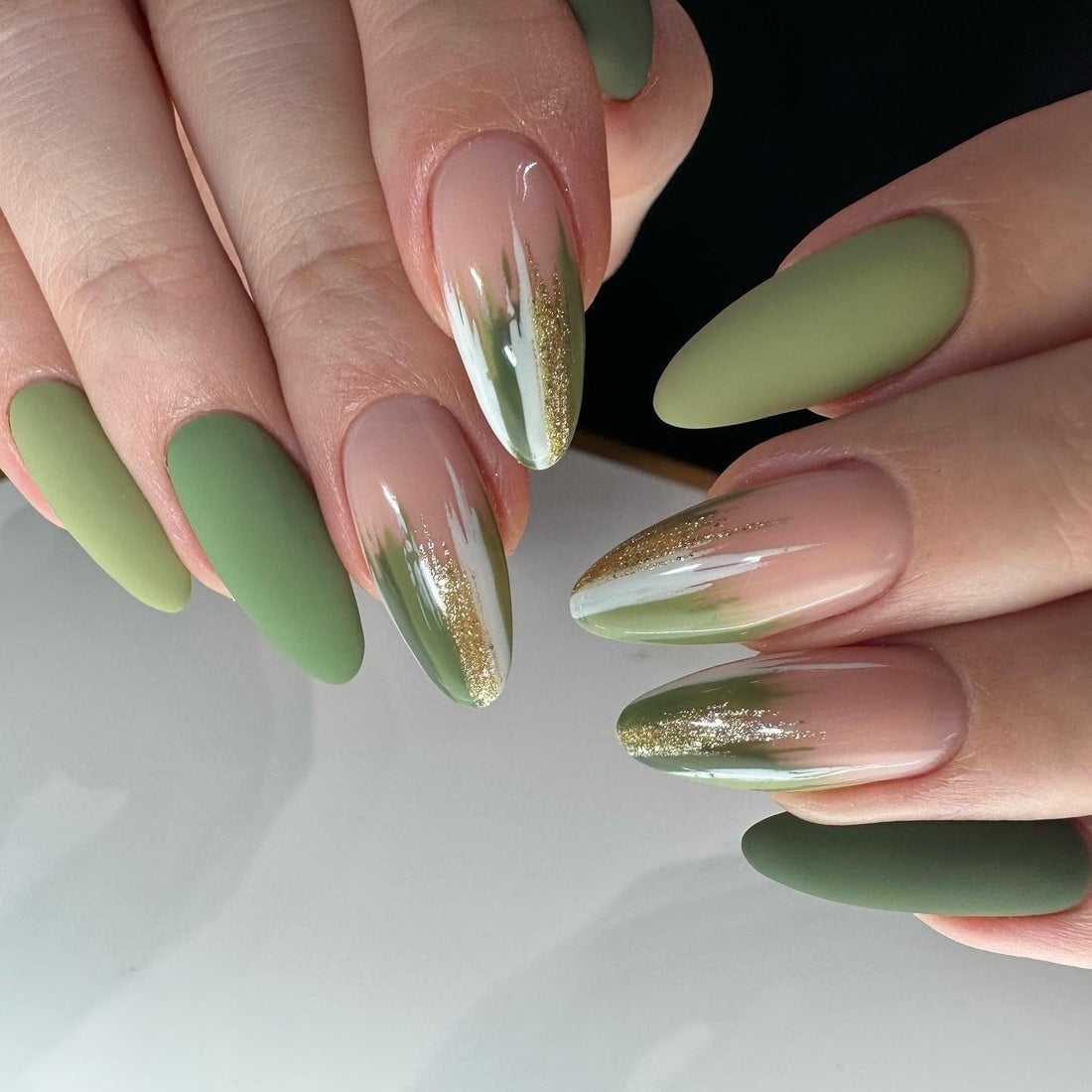 Matte Olive Green Mixed Finish Medium Almond Nails Matte Olive Green Mixed Finish Medium Almond Nails — Trendy Olive Green Nails