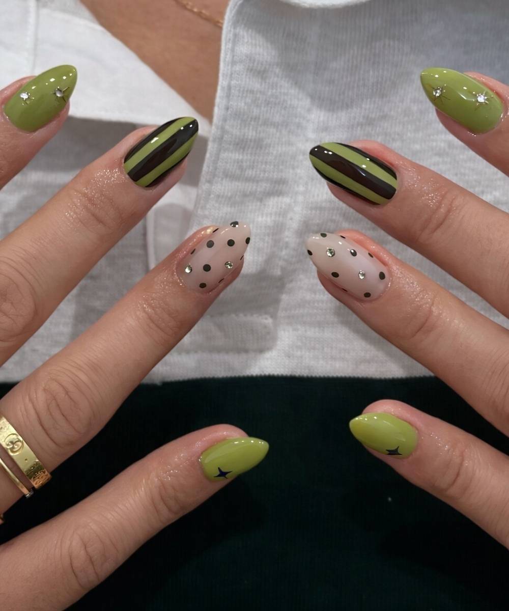 Mixed Pattern Olive Green Medium Almond Nails Mixed Pattern Olive Green Medium Almond Nails — Trendy Olive Green Nails
