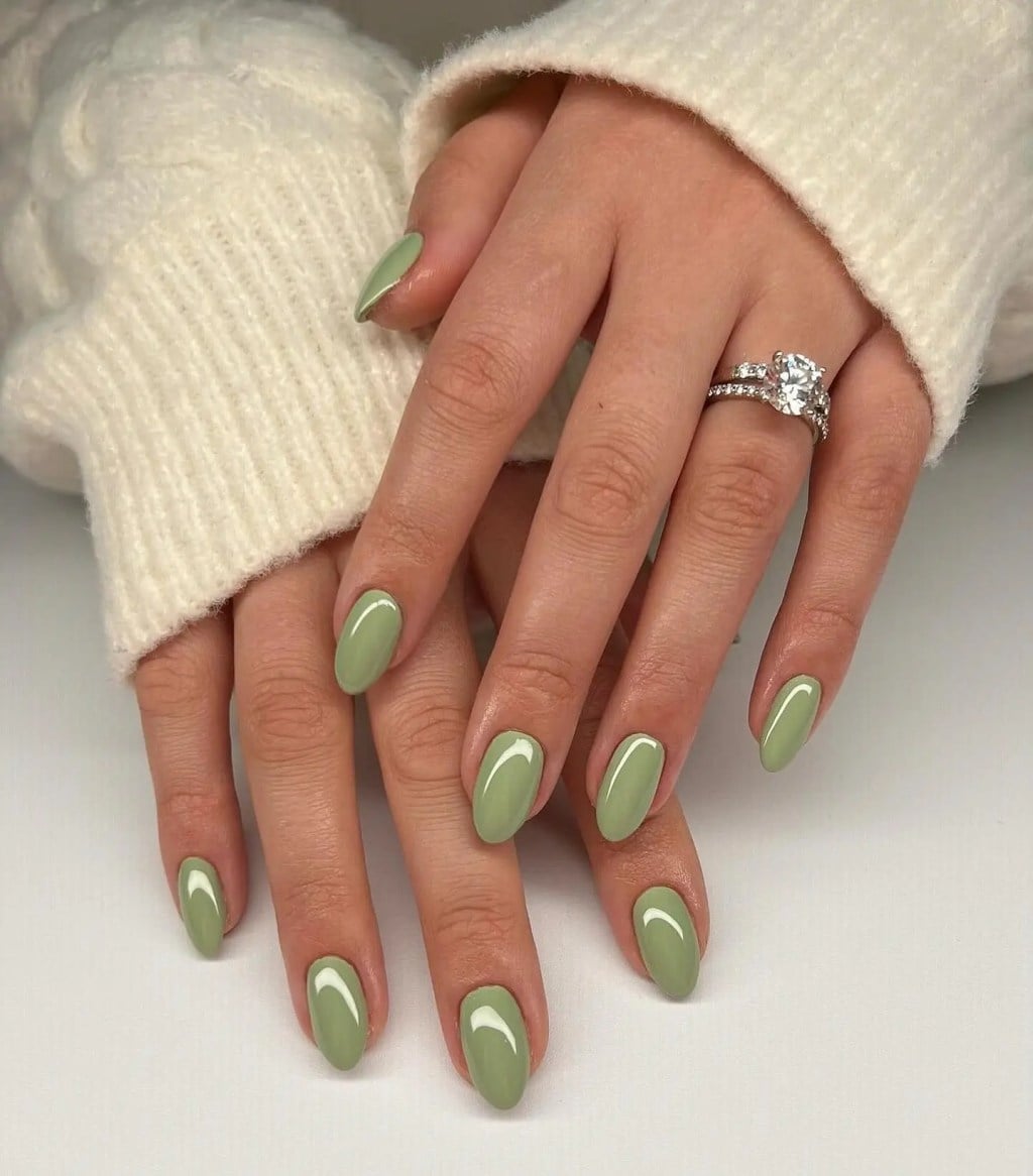 Light Sage Green White Crescent Medium Oval Nails Light Sage Green White Crescent Medium Oval Nails — Trendy Olive Green Nails