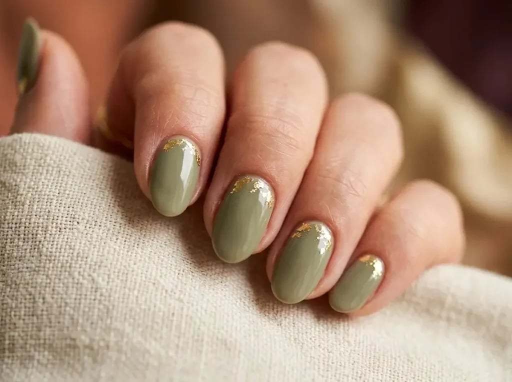 Short Almond Olive Green Gold Foil Nails Short Almond Olive Green Gold Foil Nails — Trendy Olive Green Nails