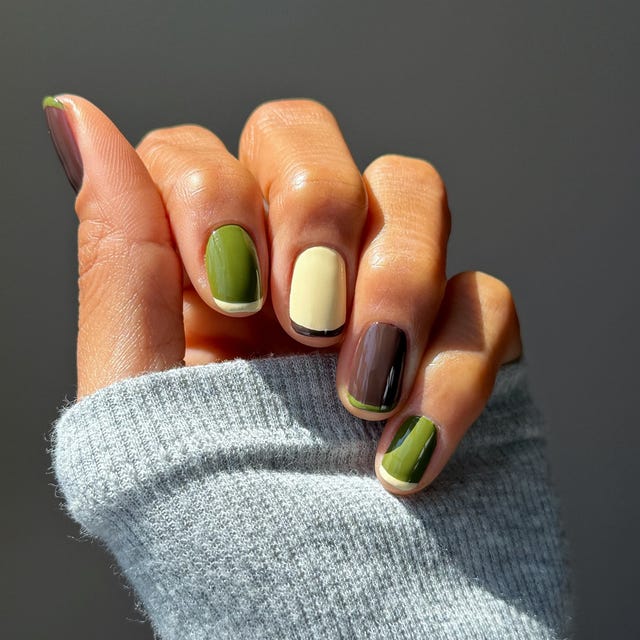 Olive Green Brown Cream Color Block Short Square Nails Olive Green Brown Cream Color Block Short Square Nails — Trendy Olive Green Nails