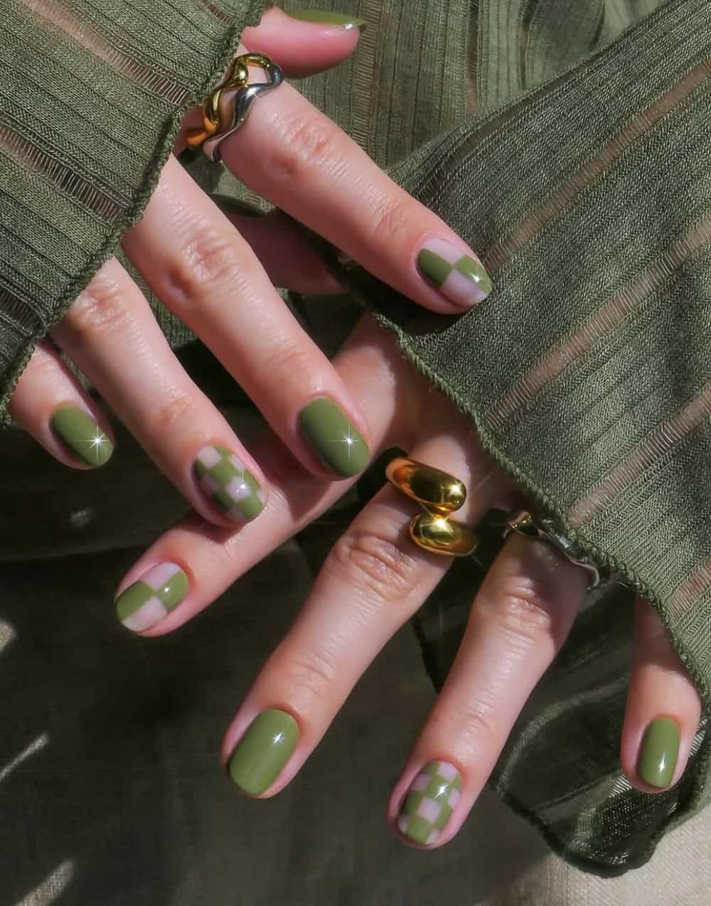 Short Almond Olive Green Checkerboard Nails Short Almond Olive Green Checkerboard Nails — Trendy Olive Green Nails