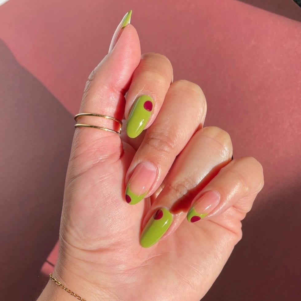 Medium Oval Lime Green Red Dot French Tip Nails Medium Oval Lime Green Red Dot French Tip Nails — Trendy Olive Green Nails
