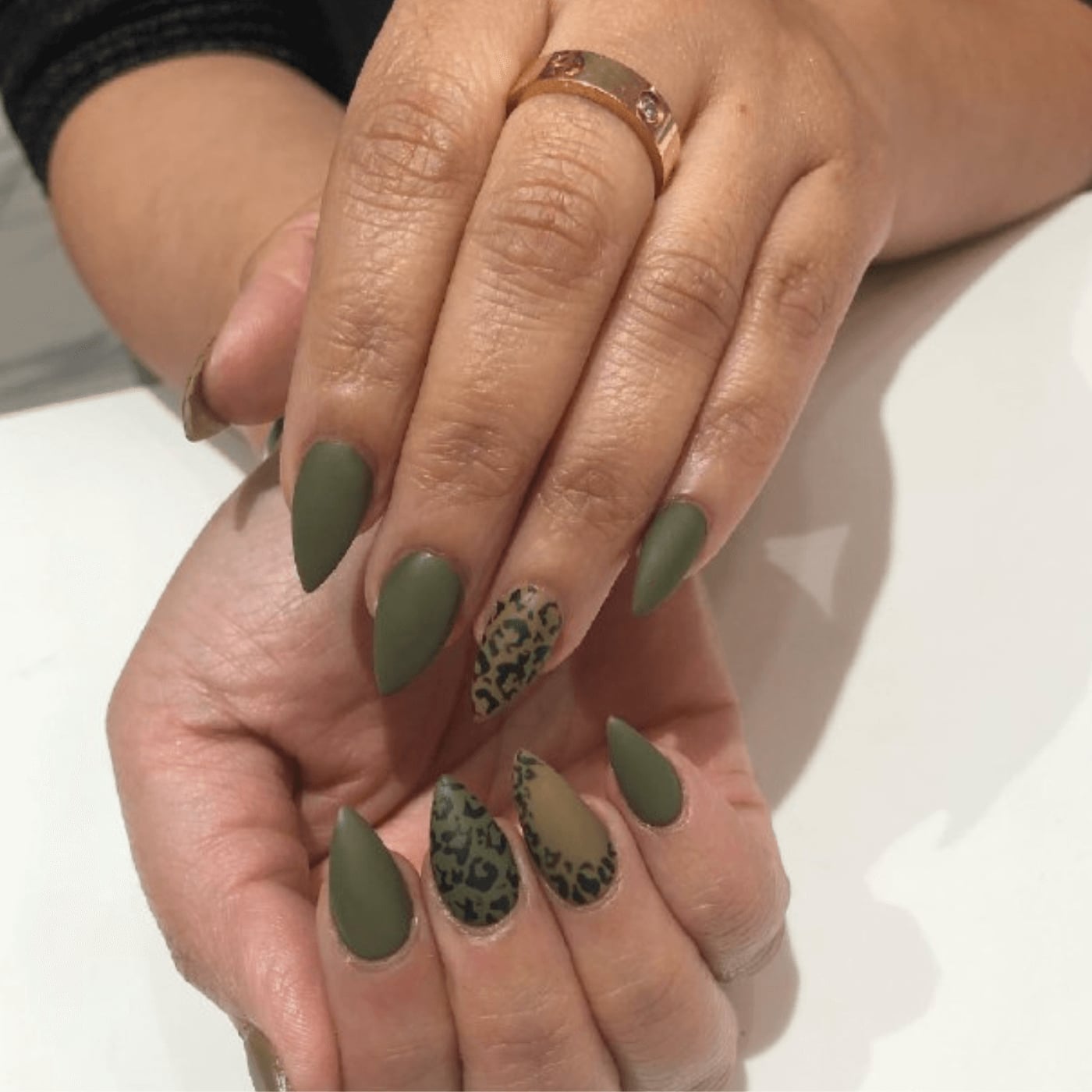 Matte Olive Green Leopard Print Long Stiletto Nails Matte Olive Green Leopard Print Long Stiletto Nails — Trendy Olive Green Nails