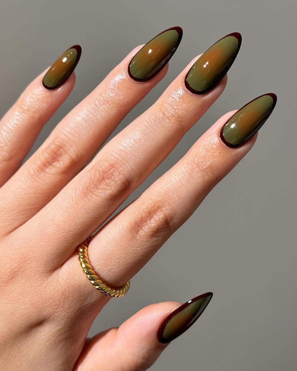 Olive Green Orange Brown Ombre Long Oval Nails Olive Green Orange Brown Ombre Long Oval Nails — Trendy Olive Green Nails