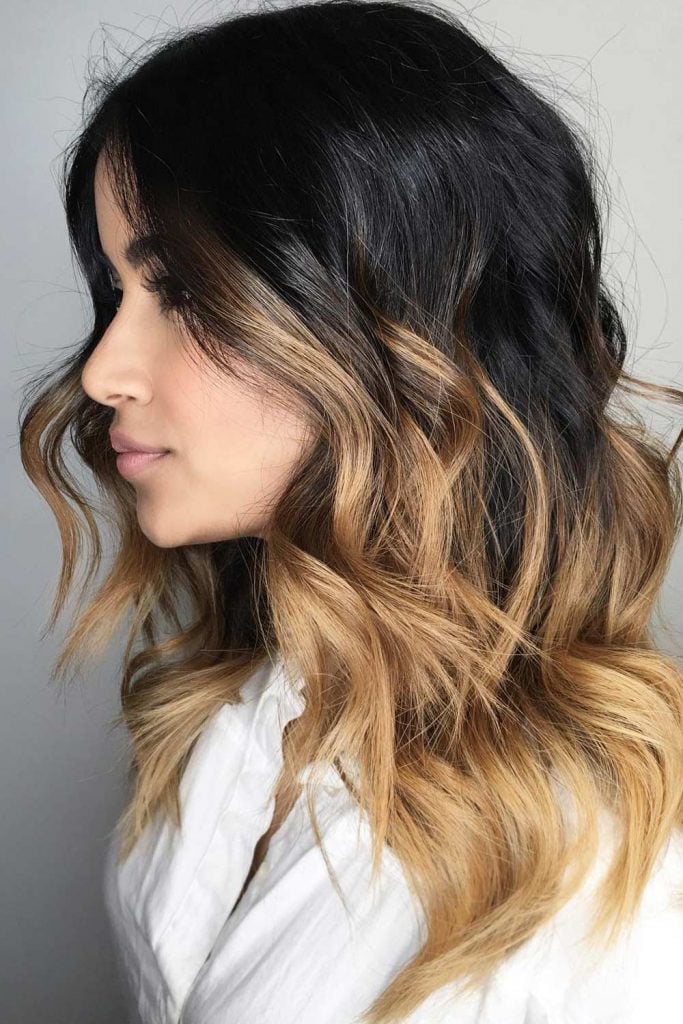Black To Honey Blonde Ombre Lob Black To Honey Blonde Ombre Lob — Trendy Ombre Hair Color