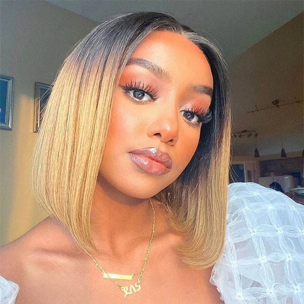 Chin Length Bob With High Contrast Blonde Ombre Chin Length Bob With High Contrast Blonde Ombre — Trendy Ombre Hair Color