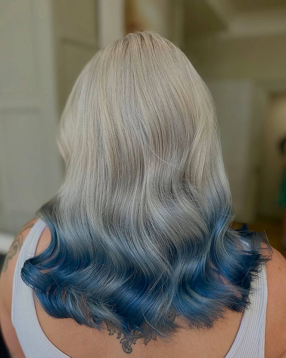 Collarbone Ash Blonde To Blue Ombre Collarbone Ash Blonde To Blue Ombre — Trendy Ombre Hair Color