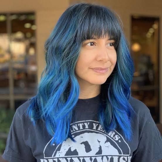 Shoulder Length Dark Base To Blue Ombre With Full Bangs Shoulder Length Dark Base To Blue Ombre With Full Bangs — Trendy Ombre Hair Color