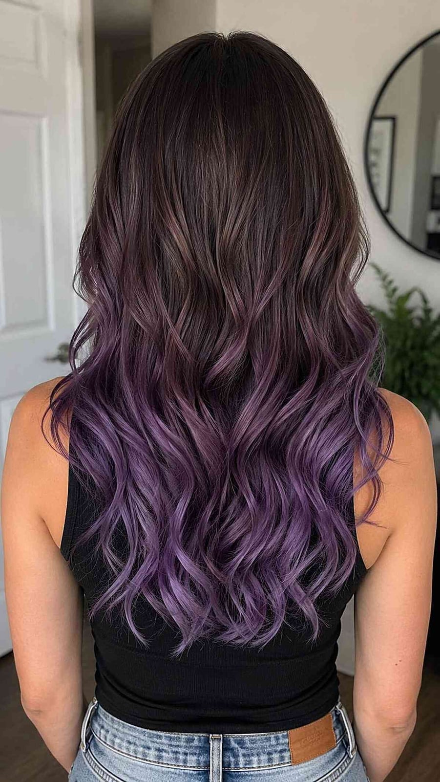 Mid-Back Length Dark Brown To Vibrant Purple Ombre, Wavy Mid-Back Length Dark Brown To Vibrant Purple Ombre, Wavy — Trendy Ombre Hair Color