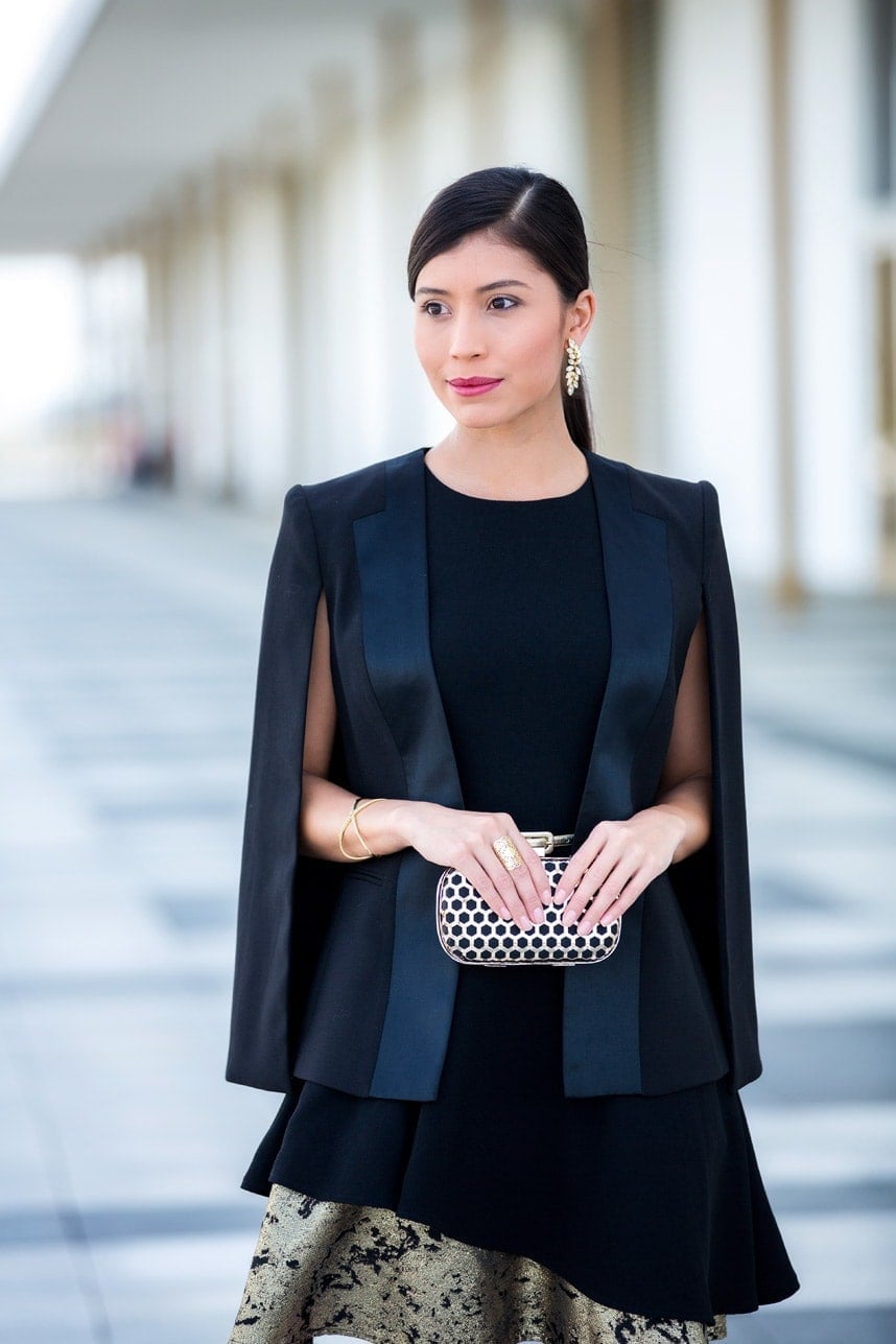 Black Dress With Structured Cape Blazer Black Dress With Structured Cape Blazer — Trendy Opera Outfits