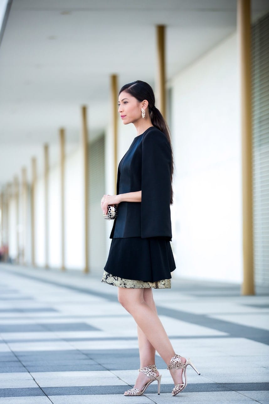 Black Cape Jacket With A-Line Skirt and Leopard Print Sandals Black Cape Jacket With A-Line Skirt and Leopard Print Sandals — Trendy Opera Outfits