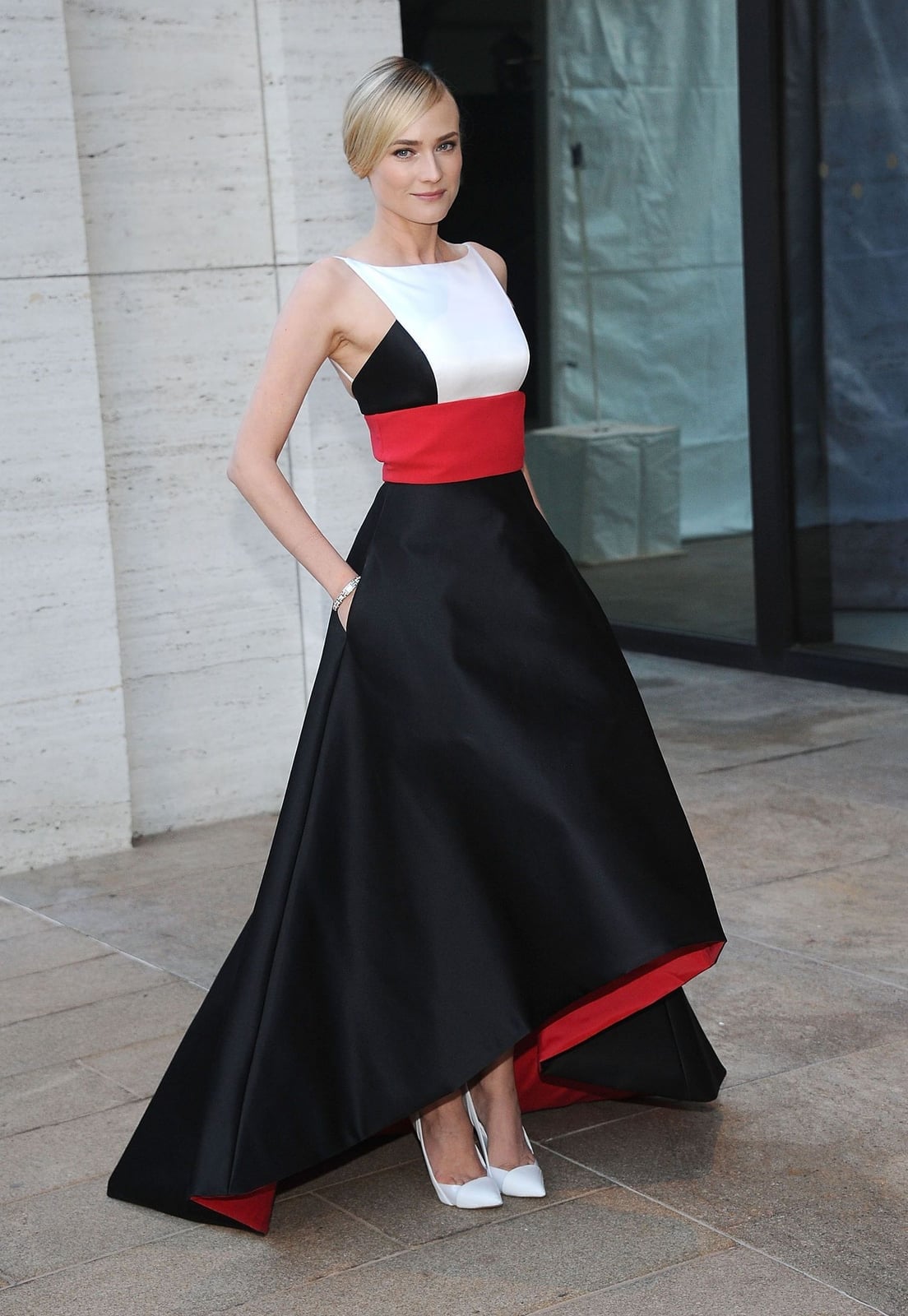Color-Blocked Gown With Full A-Line Skirt and Red Waistband Color-Blocked Gown With Full A-Line Skirt and Red Waistband — Trendy Opera Outfits