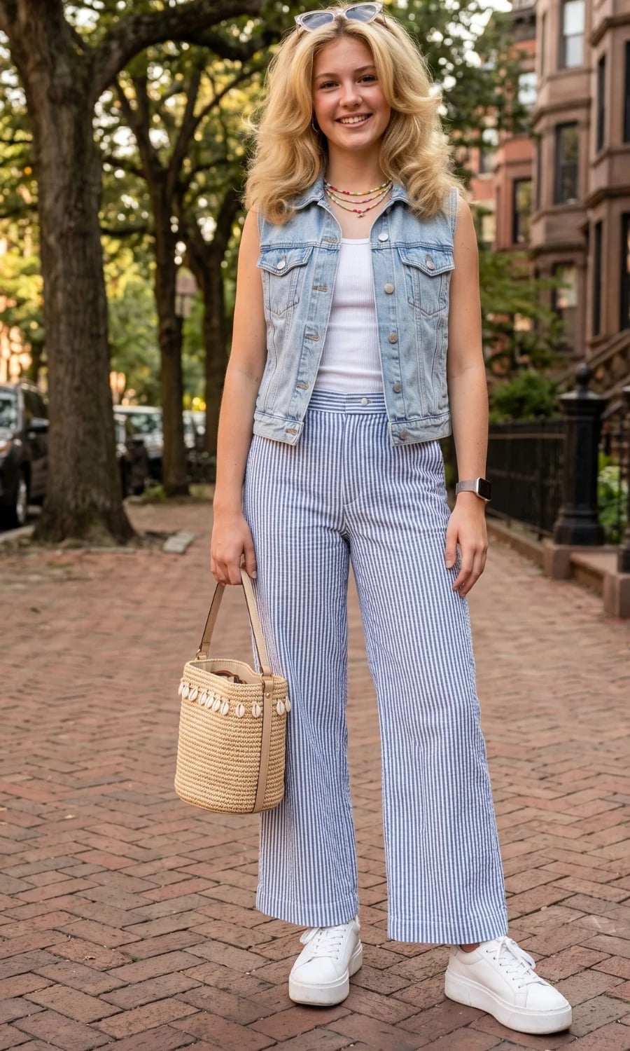 Striped Wide-Leg Pants with Denim Vest Striped Wide-Leg Pants with Denim Vest — Trendy Outfits for Teens