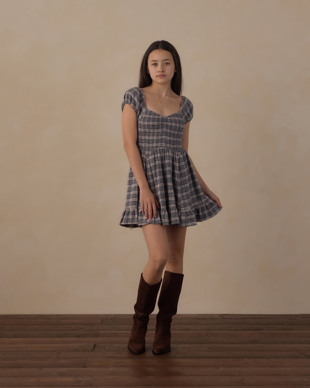 Plaid Mini Dress with Suede Boots Plaid Mini Dress with Suede Boots — Trendy Outfits for Teens