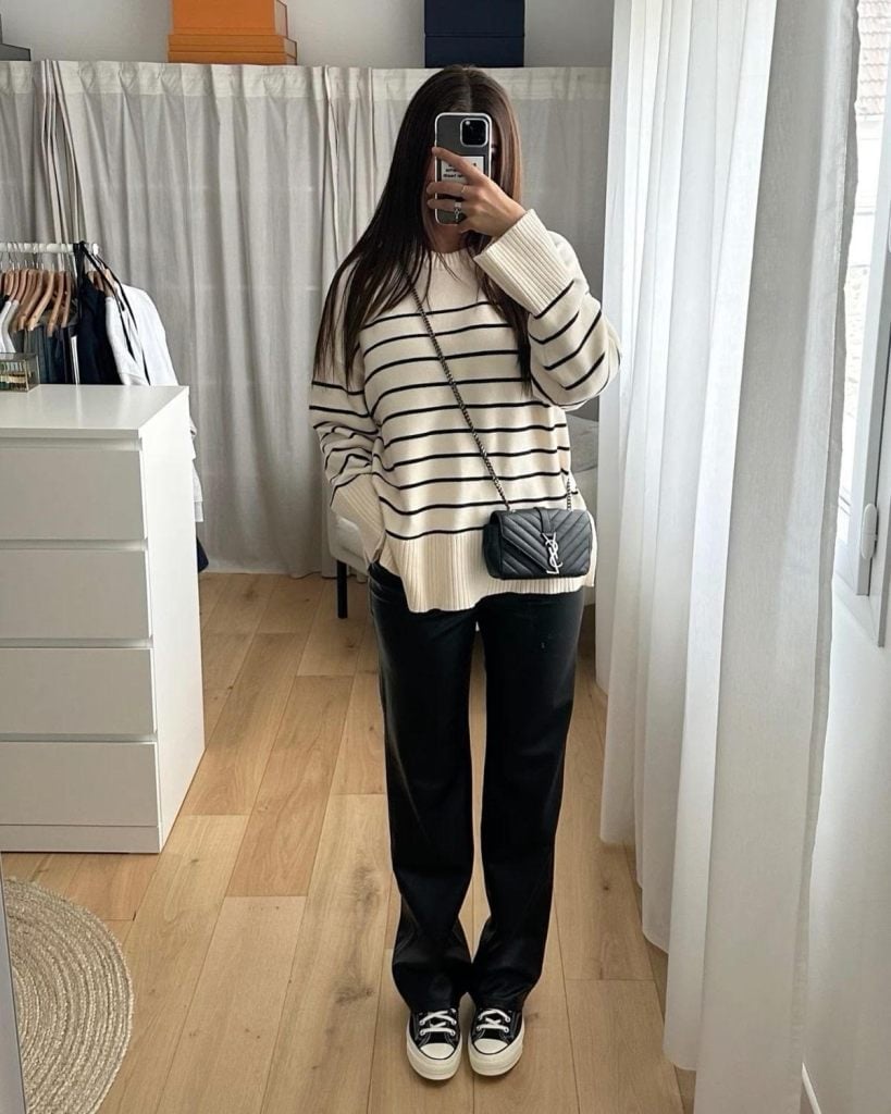 Striped Knit Sweater with Leather-Look Pants Striped Knit Sweater with Leather-Look Pants — Trendy Outfits for Teens