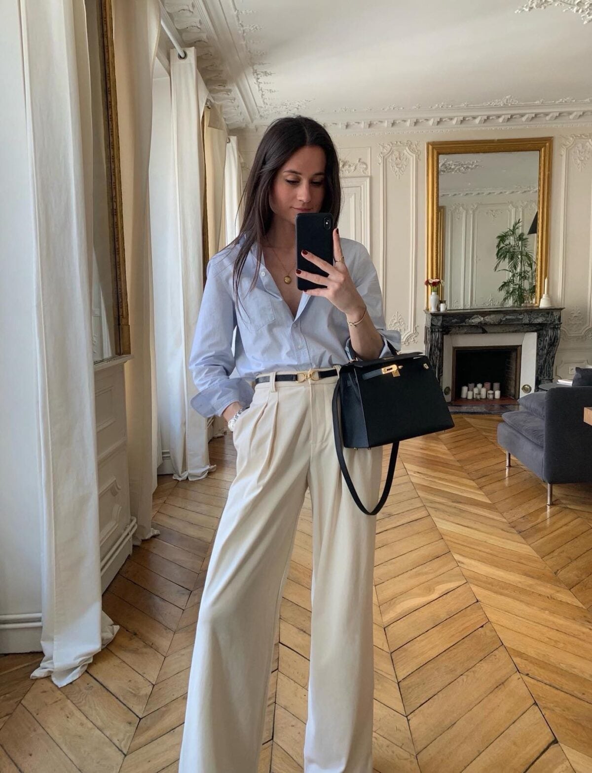 Light Blue Striped Shirt with Cream Wide-Leg Trousers — Trendy Parisian Style