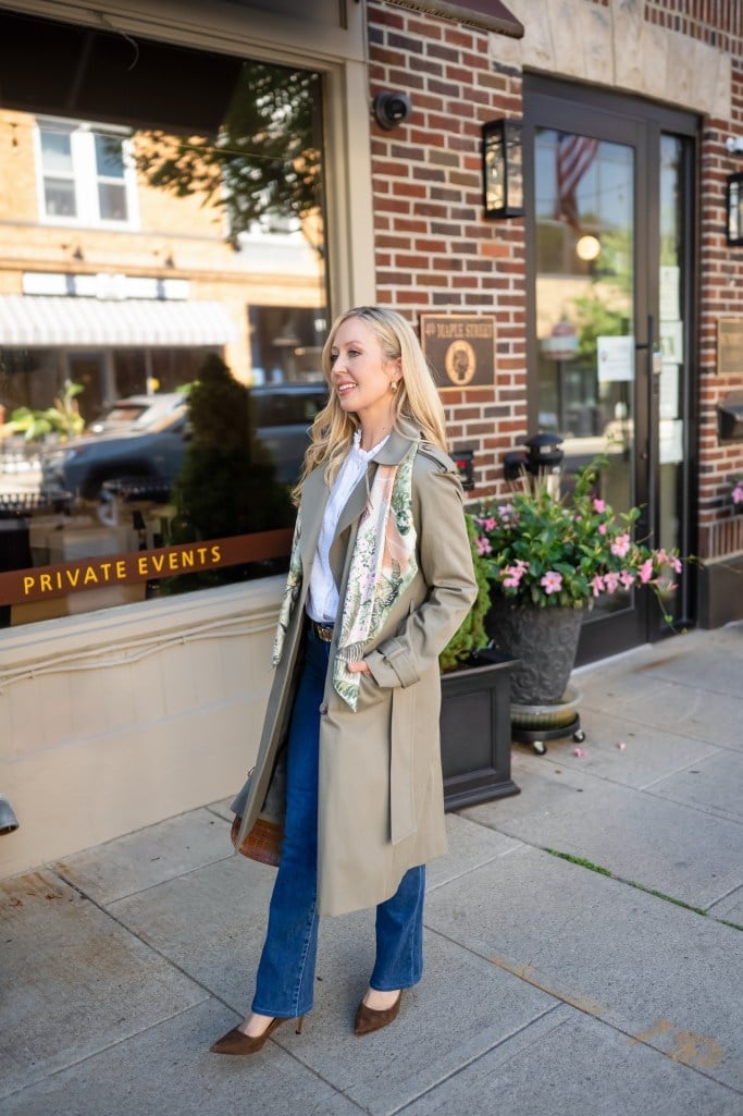 Khaki Trench Coat with Flared Jeans and Silk Scarf — Trendy Parisian Style