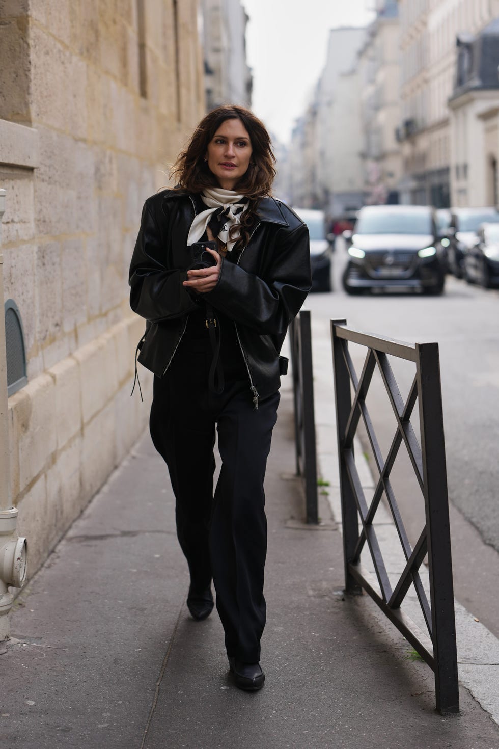 Oversized Leather Jacket Over Black Outfit and Silk Scarf — Trendy Parisian Style