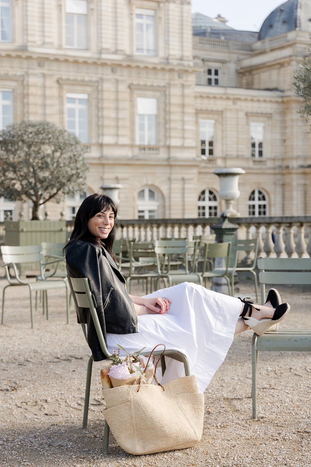 Black Leather Jacket Over White Linen Maxi Dress — Trendy Parisian Style