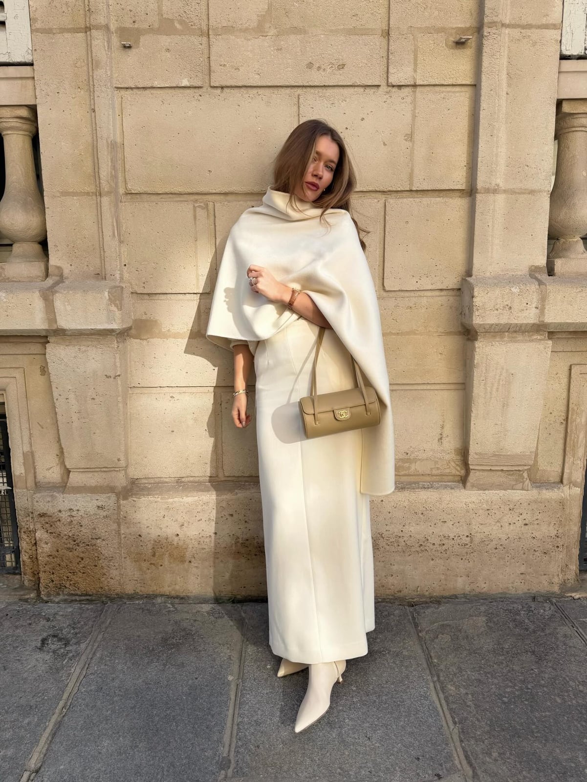 Cream Cape Over Turtleneck and Wide-Leg Trousers — Trendy Parisian Style
