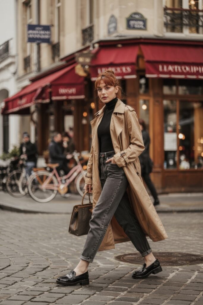 Beige Trench Coat Over Gray Jeans and Black Turtleneck — Trendy Parisian Style