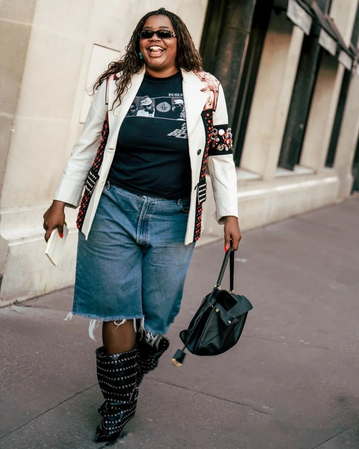 Embroidered White Blazer with Denim Shorts and Boots — Trendy Parisian Style