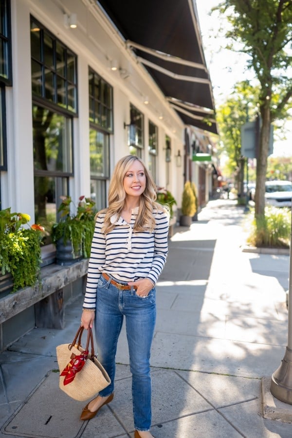 Breton Stripe Top with Jeans and Straw Tote — Trendy Parisian Style
