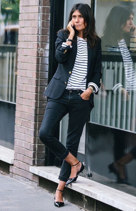 Black Blazer with Striped Top and Black Jeans — Trendy Parisian Style