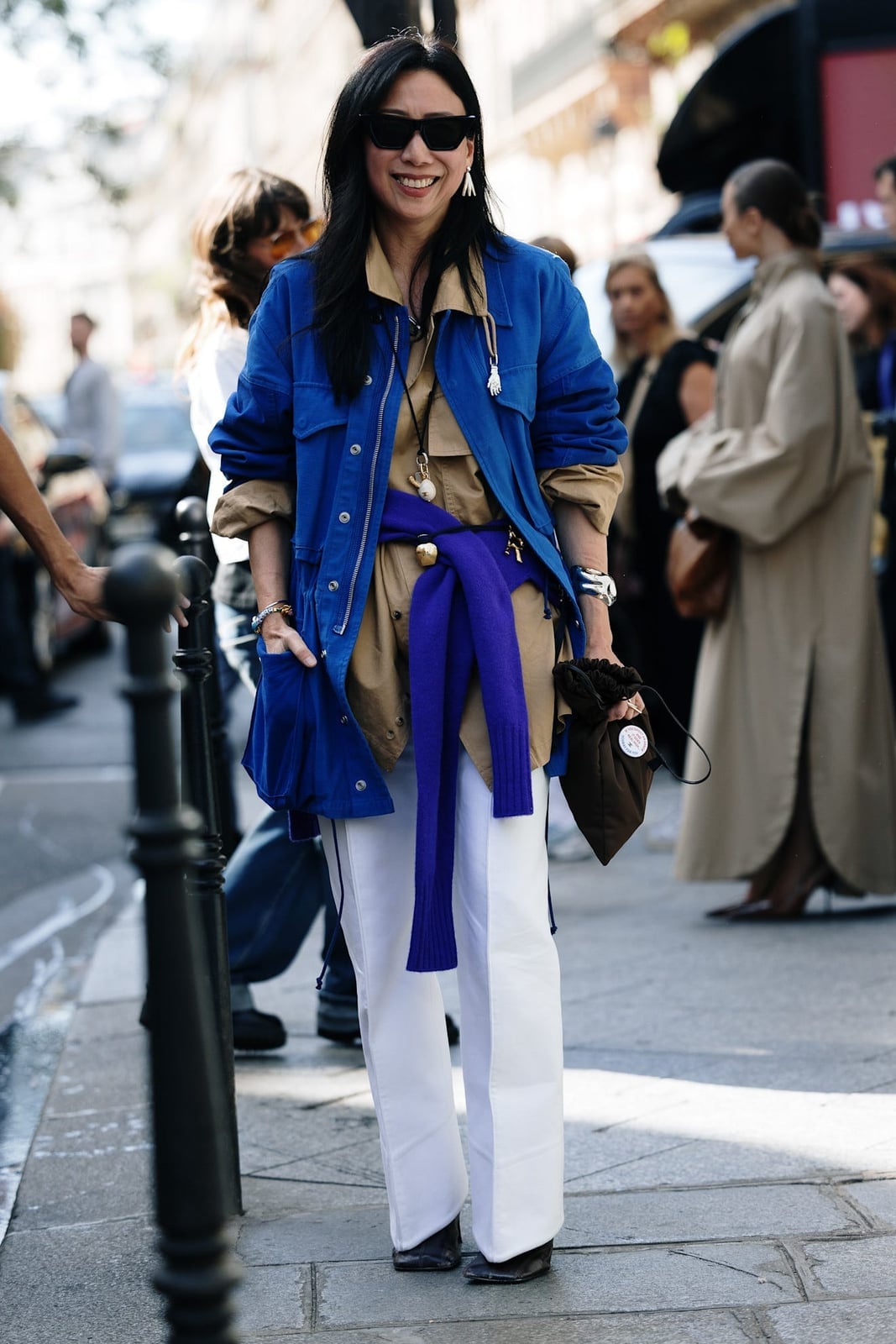 Blue Utility Jacket with White Trousers and Purple Sweater — Trendy Parisian Style