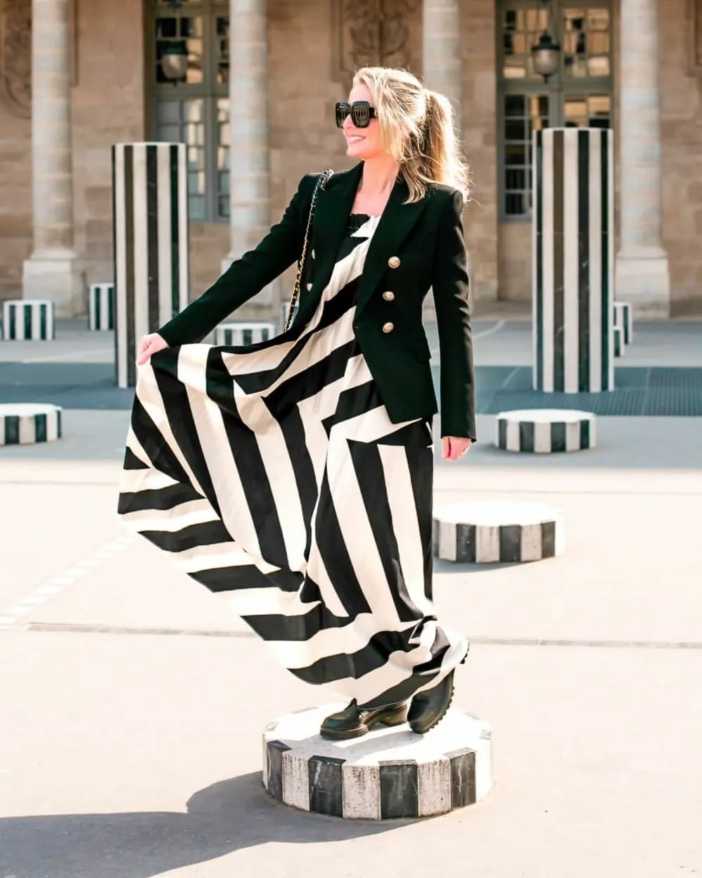 Green Blazer Over Striped Maxi Dress and Black Boots — Trendy Parisian Style
