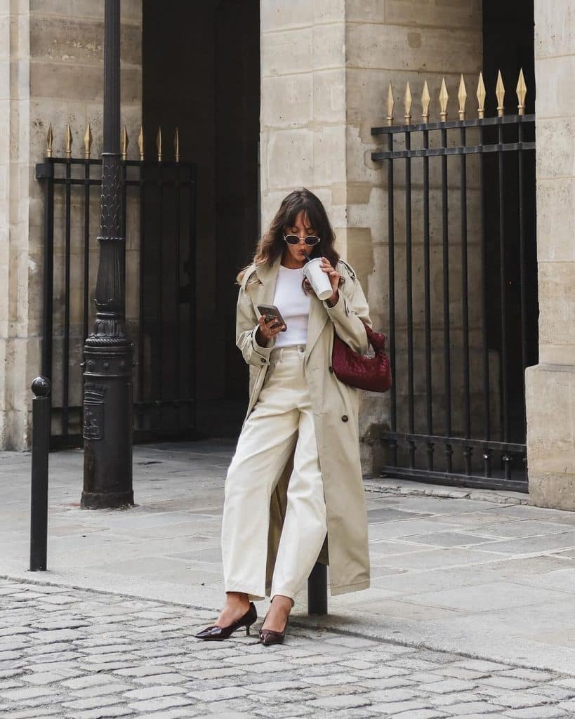 Beige Trench Coat with Cream Trousers and White T-Shirt — Trendy Parisian Style