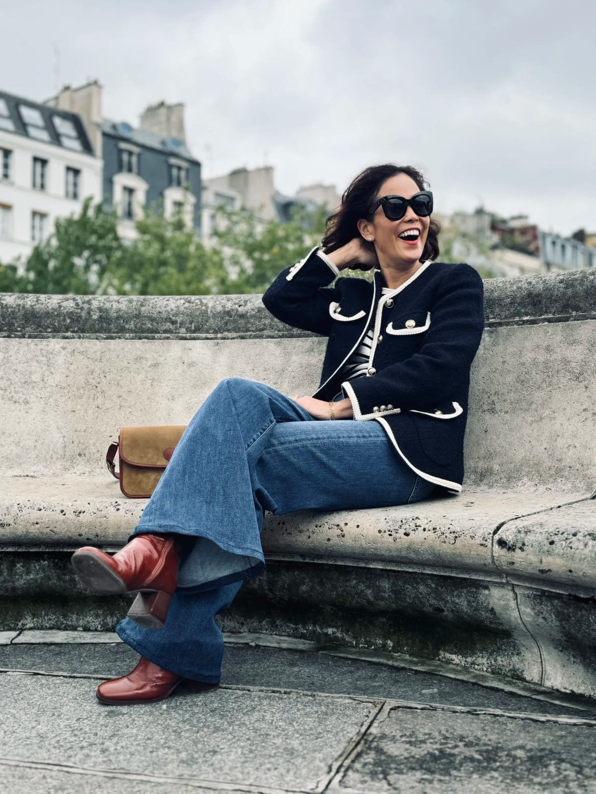 Navy Tweed Jacket with Jeans and Ankle Boots — Trendy Parisian Style