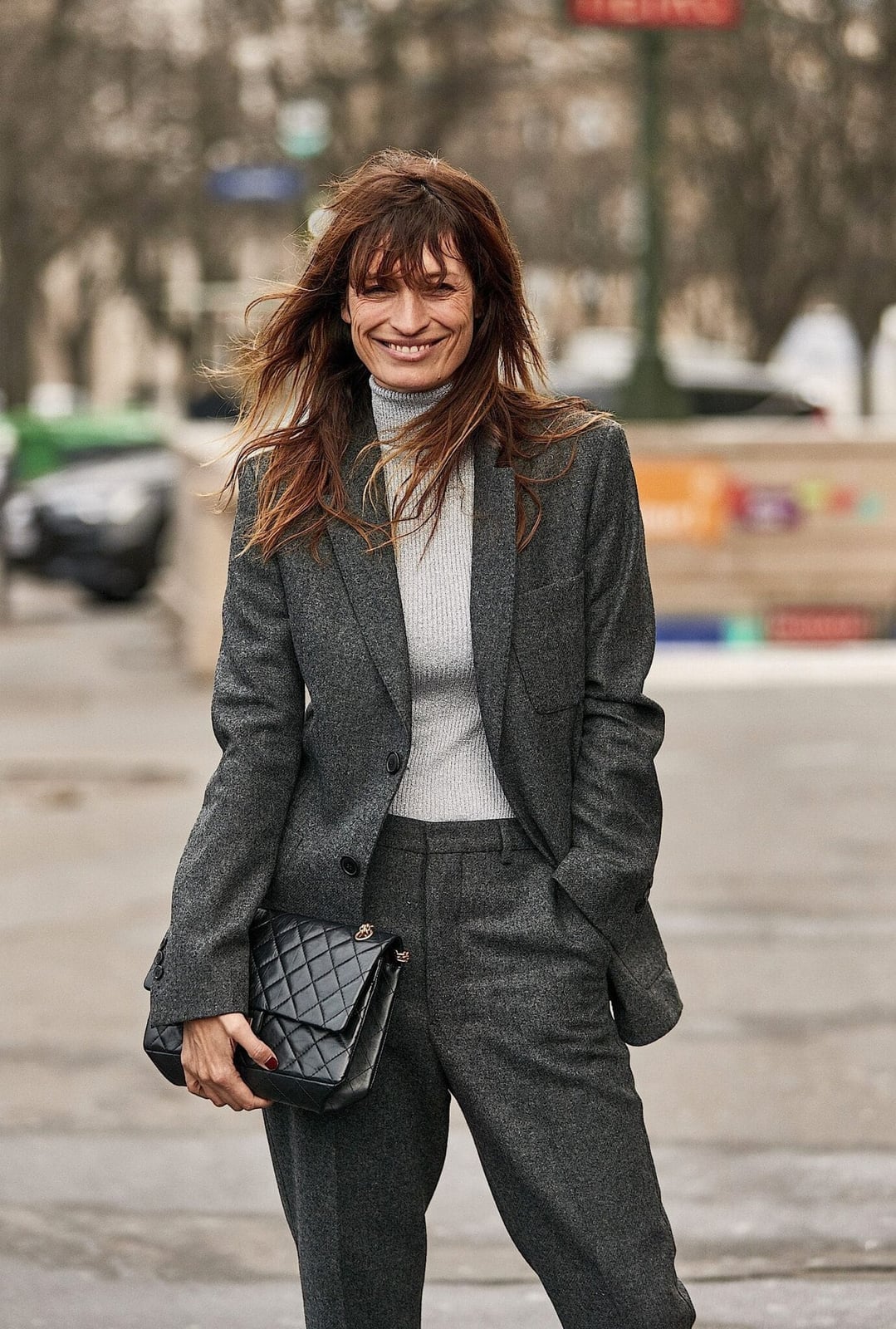 Gray Wool Suit with Turtleneck and Quilted Handbag — Trendy Parisian Style