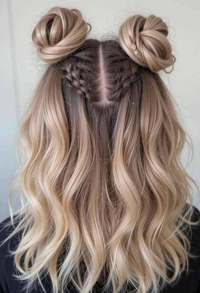 Blonde Lob With Double Space Buns Blonde Lob With Double Space Buns — Trendy Party Hair