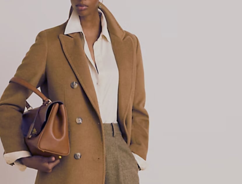 Camel Peacoat with Silk Blouse and Trousers Camel Peacoat with Silk Blouse and Trousers — Trendy Peacoat Outfits