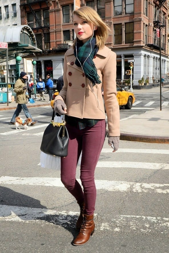 Beige Peacoat with Plaid Shirt, Burgundy Jeans and Boots Beige Peacoat with Plaid Shirt, Burgundy Jeans and Boots — Trendy Peacoat Outfits
