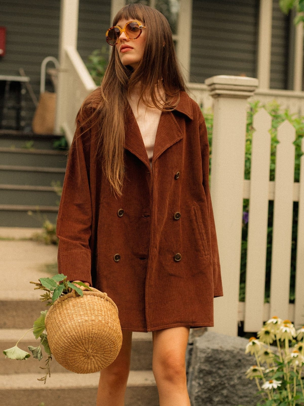 Brown Corduroy Peacoat with Beige Top and Straw Bag Brown Corduroy Peacoat with Beige Top and Straw Bag — Trendy Peacoat Outfits