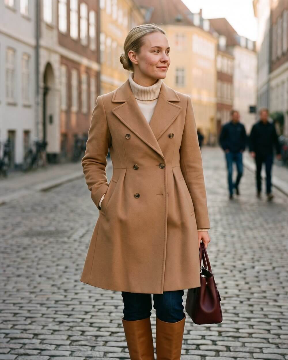 Fitted Camel Peacoat with Turtleneck and Slim Trousers Fitted Camel Peacoat with Turtleneck and Slim Trousers — Trendy Peacoat Outfits
