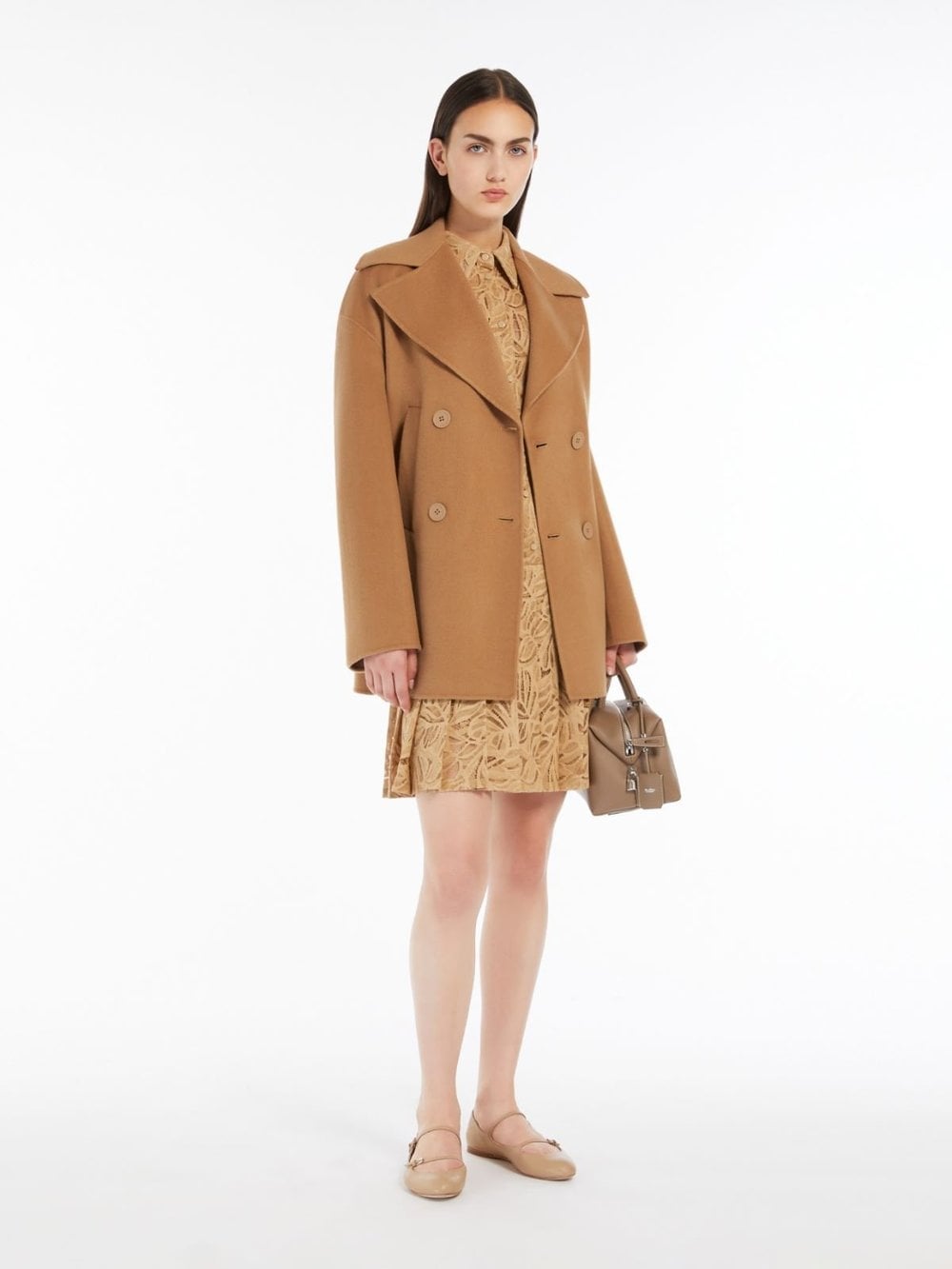 Oversized Camel Peacoat with Beige Dress and Ballet Flats Oversized Camel Peacoat with Beige Dress and Ballet Flats — Trendy Peacoat Outfits