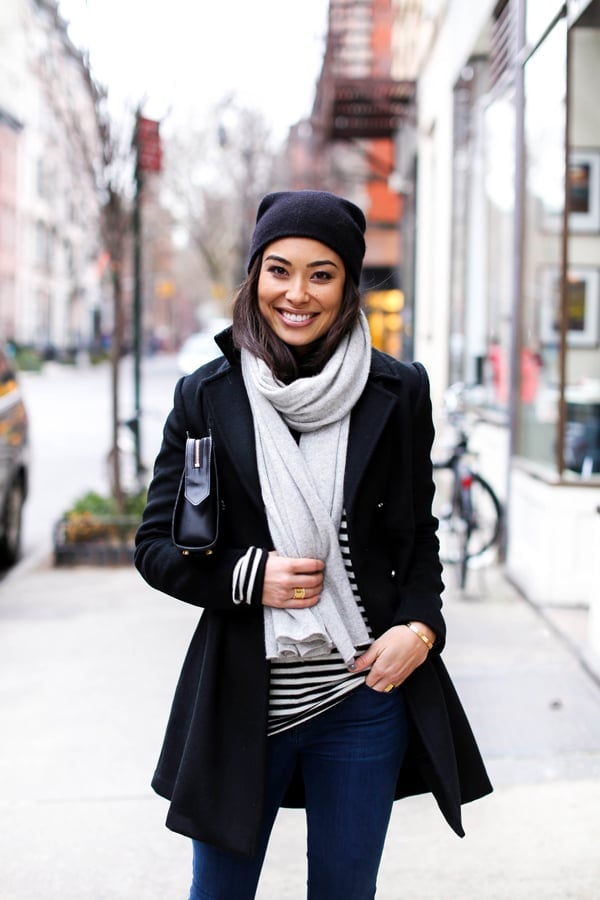 Black A-Line Peacoat with Stripes and Scarf Black A-Line Peacoat with Stripes and Scarf — Trendy Peacoat Outfits