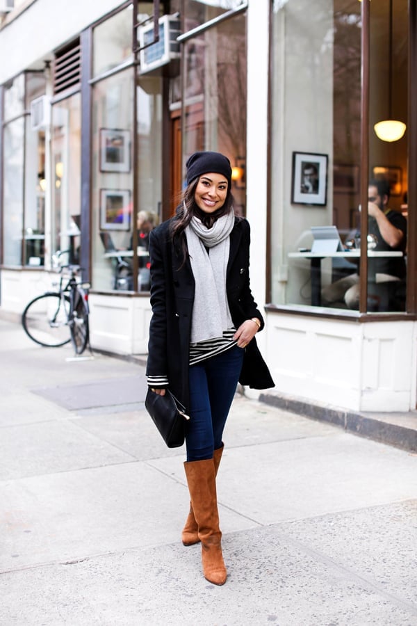 Black Peacoat with Striped Turtleneck, Jeans and Boots Black Peacoat with Striped Turtleneck, Jeans and Boots — Trendy Peacoat Outfits