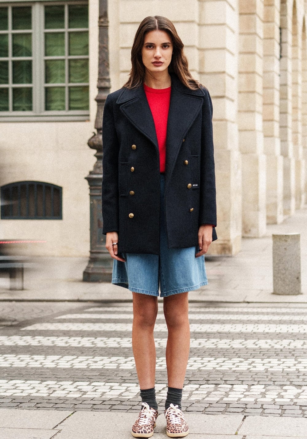 Navy Peacoat with Red T-Shirt and Leopard Sneakers Navy Peacoat with Red T-Shirt and Leopard Sneakers — Trendy Peacoat Outfits