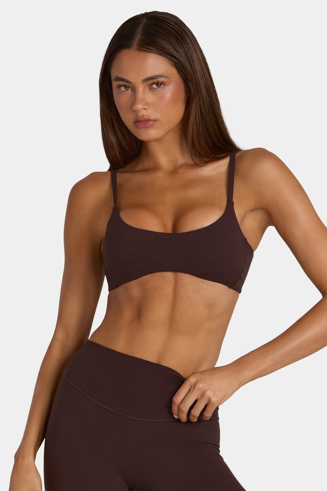 Dark Brown Smooth Knit Sports Bra, Close-Up Take — Trendy Pilates Outfits