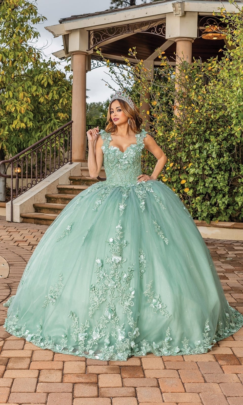 Sage Green Ballgown with Cap Sleeves and Floral Beading Sage Green Ballgown with Cap Sleeves and Floral Beading — Trendy Quince Dress