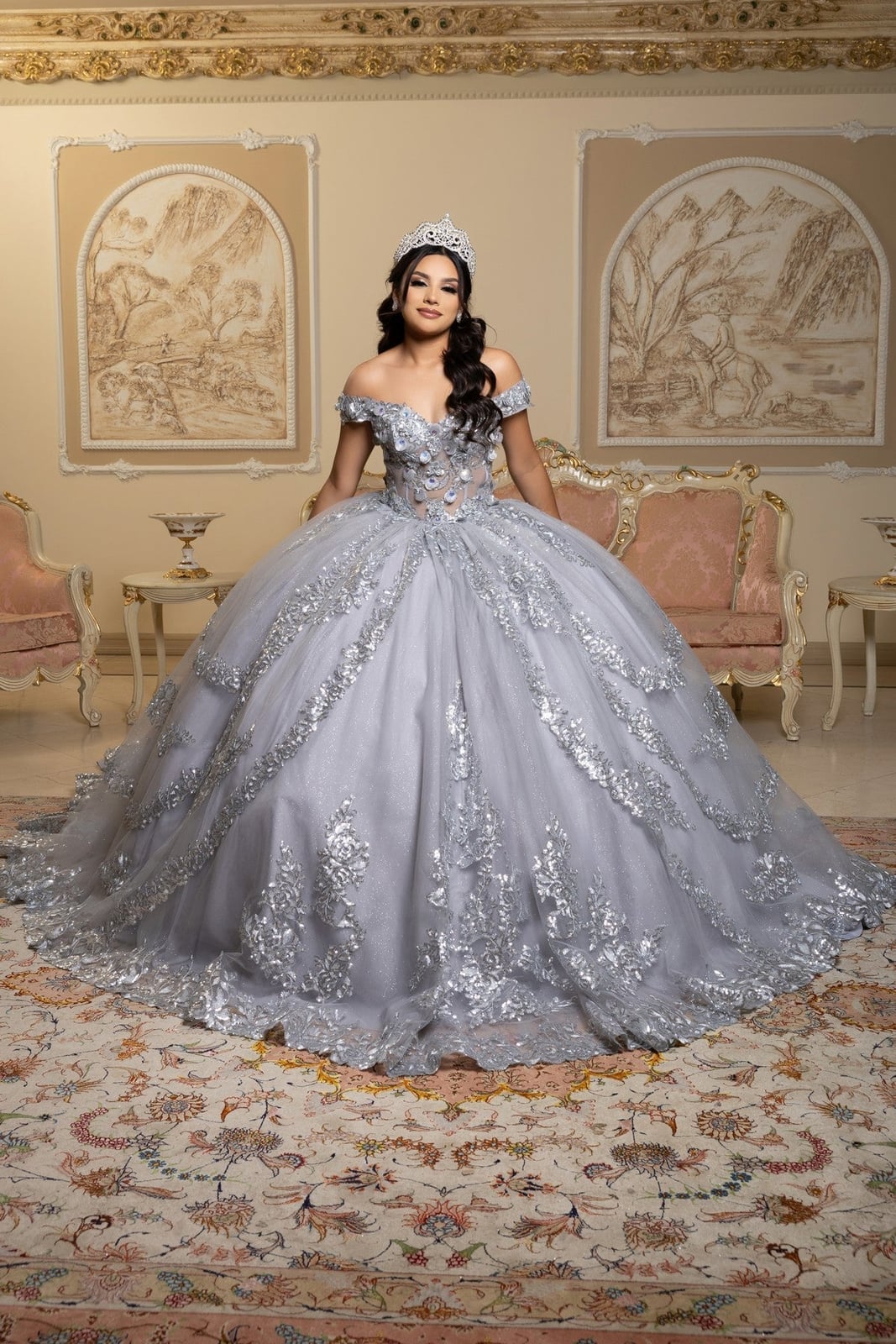 Silver Off-The-Shoulder Ballgown with Lace Appliques Silver Off-The-Shoulder Ballgown with Lace Appliques — Trendy Quince Dress