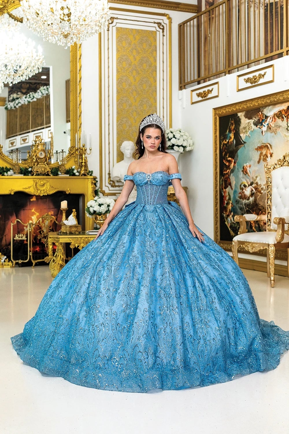Bright Blue Ballgown with Off-Shoulder Long Sleeves and Glitter Bright Blue Ballgown with Off-Shoulder Long Sleeves and Glitter — Trendy Quince Dress