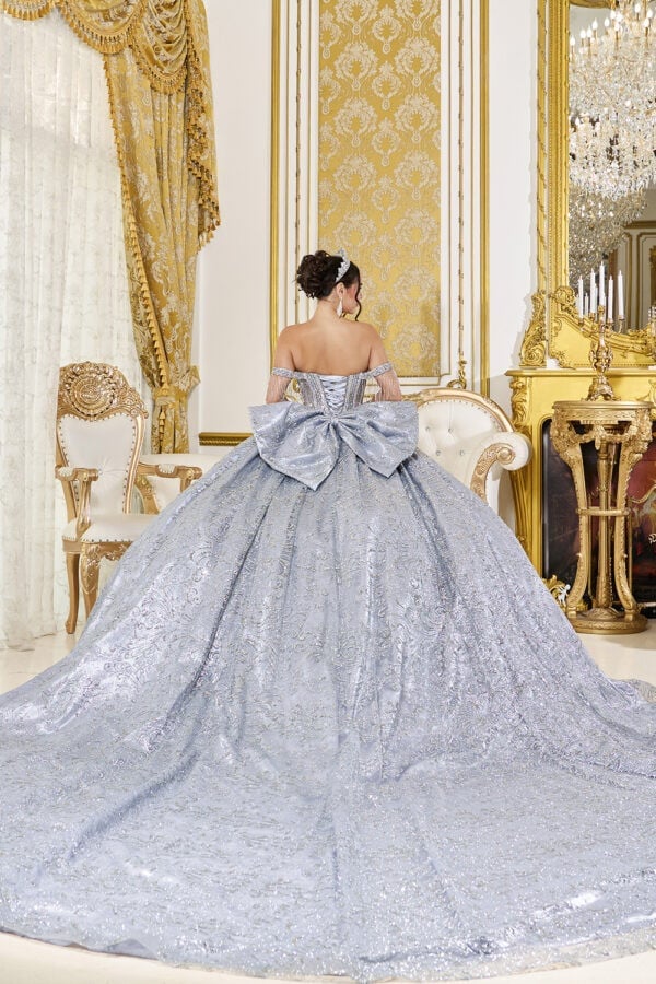 Silver and Blue Beaded Ballgown with Oversized Bow Silver and Blue Beaded Ballgown with Oversized Bow — Trendy Quince Dress